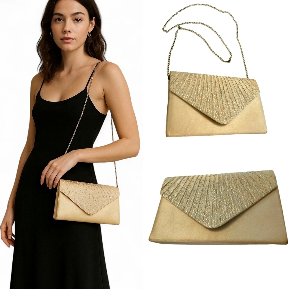 VINTAGE Silk Clutch Italian Bag Sparkling Bling Jeweled Gold Chain Strap Evening